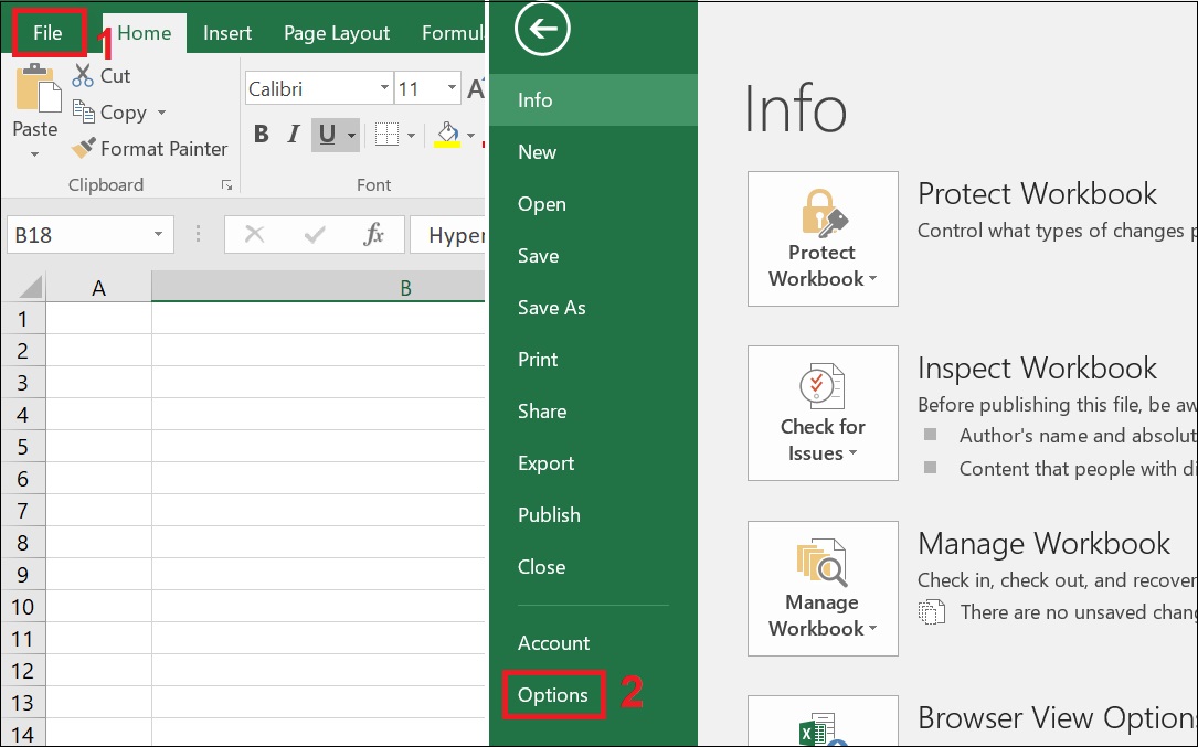Hyperlink trong Excel bị lỗi - Nguyên nhân và cách khắc phục > Tại giao diện chính của Excel nhấn vào File > Chọn Option.