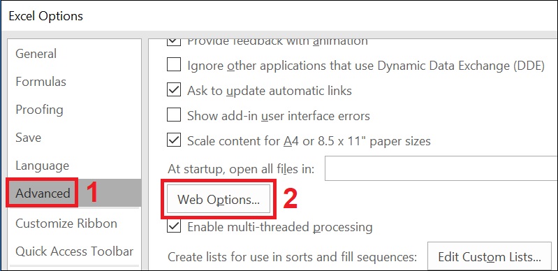 Hyperlink trong Excel bị lỗi - Nguyên nhân và cách khắc phục > Nhấn vào Advanced > Chọn Web Option.