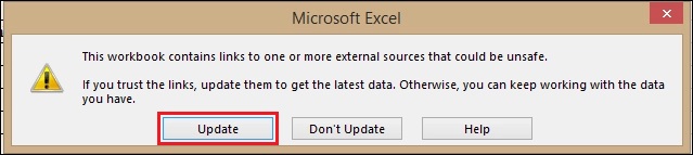 Hyperlink trong Excel bị lỗi - Nguyên nhân và cách khắc phục > Nhấn nút Update trên bảng thông báo để tiếp tục.