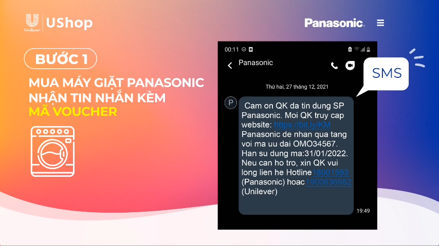 Panasonic gửi mã e-voucher cho Khách hàng đủ điều kiện trúng thưởng thông qua tin nhắn SMS.