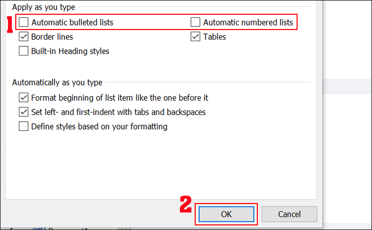 Cách tắt bullet and numbering trong Word - Tự động đánh số đầu dòng > Bỏ dấu tick 1 trong 2 ô Automatic bulleted lists hoặc Automatic numbered lists. Nhấn OK để tắt tính năng tự động đánh số đầu dòng trong Word