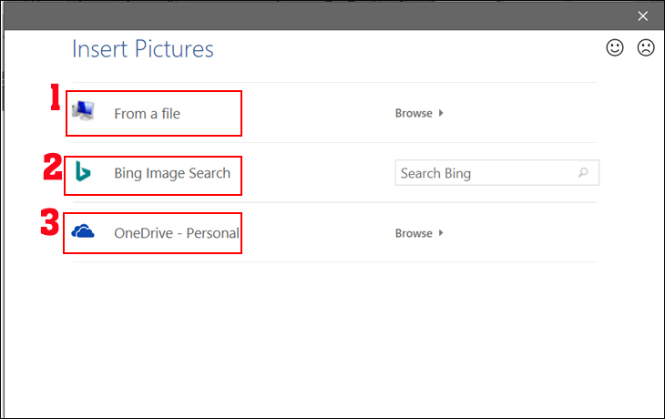 Hình ảnh, bạn chọn vào 1 trong 3 mục: From a file (Chọn hình từ máy tính), Bing image search (Tìm ảnh trên mạng) và OneDrive (Ảnh trên Drive)