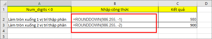 Tổng hợp 7 hàm làm tròn số trong Excel chi tiết nhất > Làm tròn số dùng hàm ROUNDDOWN với Num_digits < 0