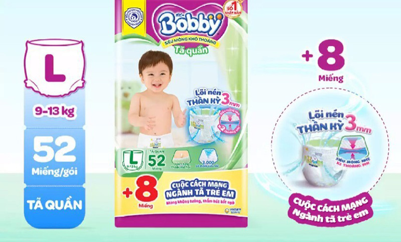 Tã quần Bobby siêu mỏng khô thoáng có hệ thống thoát khí tối ưu Tã quần Bobby siêu mỏng khô thoáng có hệ thống thoát khí tối ưu