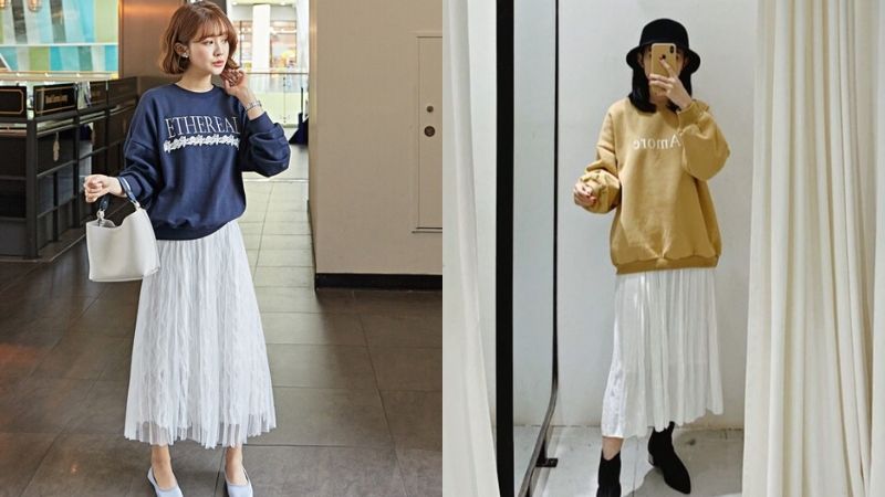 Chân váy xếp ly phối với áo sweater