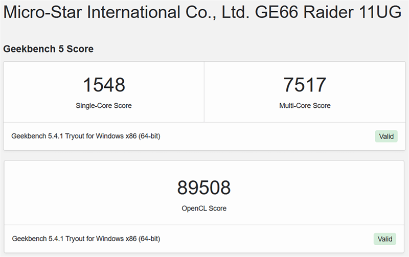 Điểm GeekBench 5 của MSI GE66 Raider. Điểm GeekBench 5 của MSI GE66 Raider.