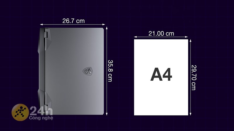 Kích thước của MSI GE66 Raider so với một tờ giấy A4. Kích thước của MSI GE66 Raider so với một tờ giấy A4.
