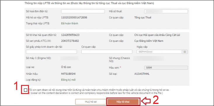 Bạn tiến hành nhập đầy đủ thông tin và tick vào ô Tôi xin cam đoan > Bấm Nộp tờ khai để hoàn tất.