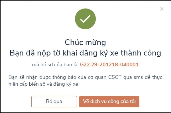 Giao diện thông báo nộp thành công tờ khai đăng ký