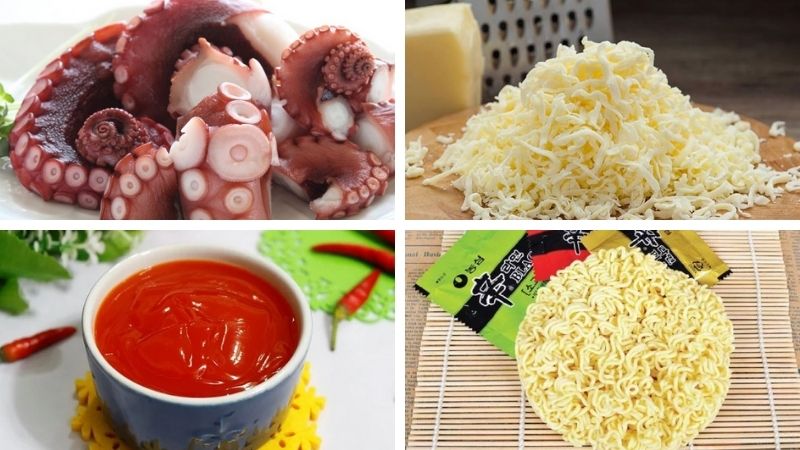 Nguyên liệu làm món mì cay bạch tuộc phô mai