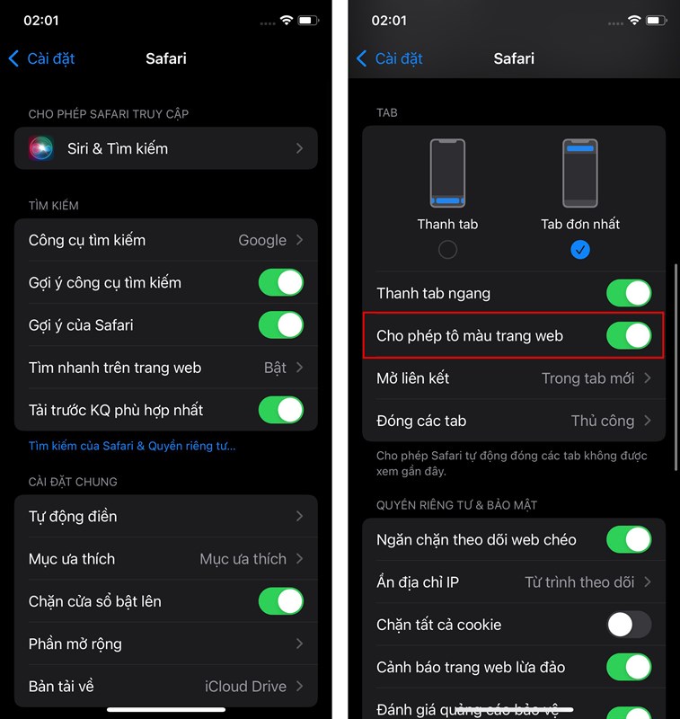 cách tắt thanh địa chỉ Safari tự động đổi màu trên iOS 15