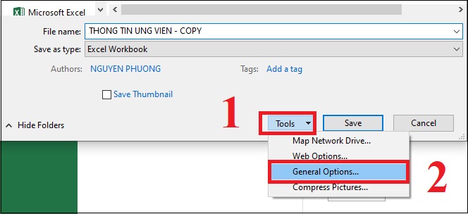 Cách gỡ bỏ chế độ read only trong Excel đơn giản nhất > Bước 2: Hộp thoại Save as xuất hiện > Chọn Tools ở cuối hộp thoại > Chọn Generals Options.
