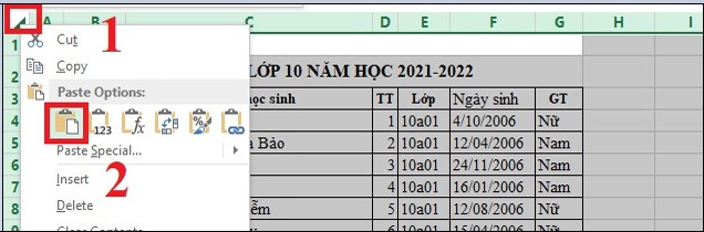 Cách gỡ bỏ chế độ read only trong Excel đơn giản nhất > Bước 3: Trên bảng tính mới bạn nhấn chuột phải vào mũi tên nghiên bên góc trái màn hình và chọn Paste.