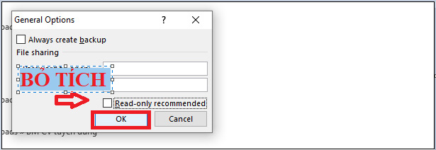 Cách gỡ bỏ chế độ read only trong Excel đơn giản nhất > Bước 3: Hộp thoại General Options xuất hiện, chỉ cần bỏ đánh dấu Read-only recommended > chọn OK