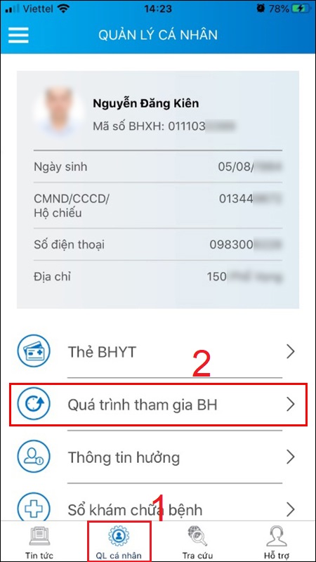 Chọn mục Quản lý cá nhân trong giao diện của ứng dụng > Chọn Quá trình tham gia BH