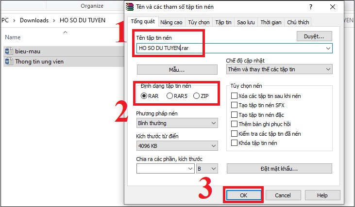 Bước 2: Đặt tên cho file và chọn định dạng RAR, RAR4 hay ZIP cho tập tin nén > Nhấp chọn OK 