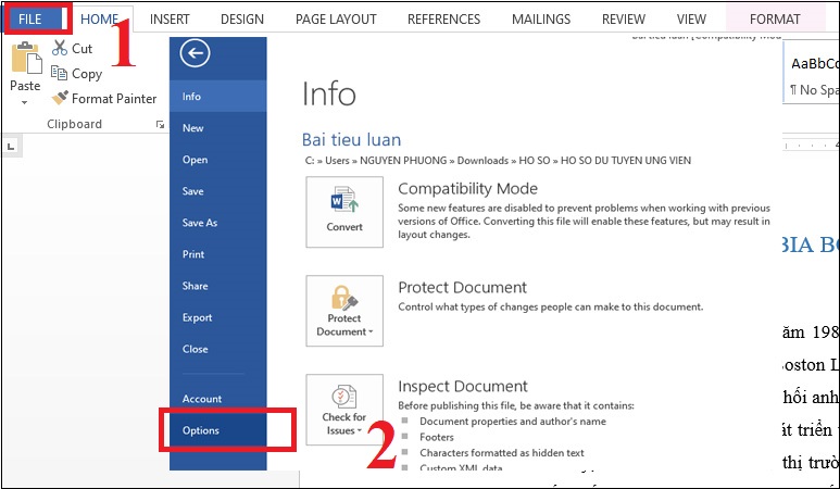Bước 1: Mở file Word có dung lượng cần nén > Chọn File > Chọn Options