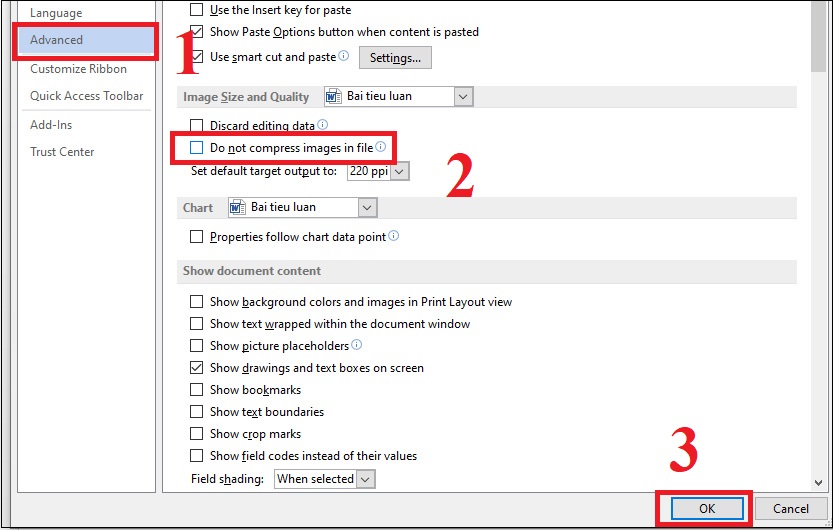 Bước 2: Ở hộp thoại Options > Chọn mục Advanced. Đến phần Image Size and Quality > Bỏ tích ở ô Do not compress images file > Nhấn OK 