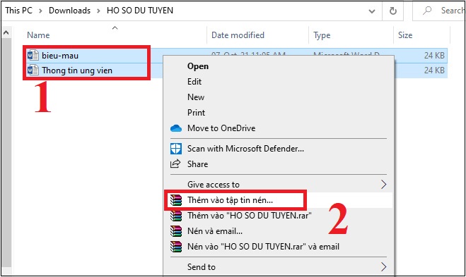 Bước 1: Chọn các file Word bạn cần nén, nhấp chuột phải vào và chọn Thêm vào tập tin nén…