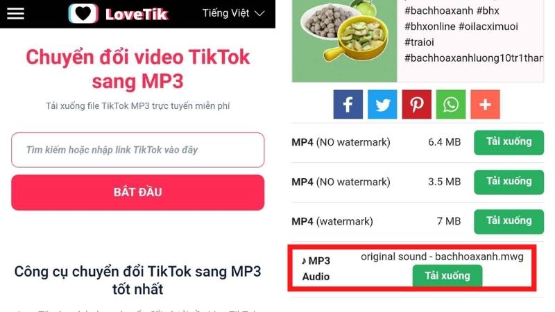 Chuyển nhạc TikTok sang MP3 với LoveTik