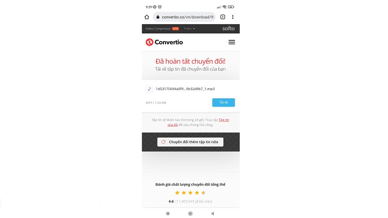Quá trình chuyển đổi hoàn tất. Bạn bấm "tải về" để tải bài nhạc về máy