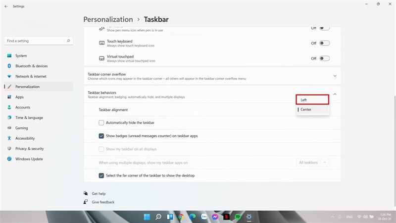 Cách tùy chỉnh các icon taskbar sang lề trái trên Windows 11