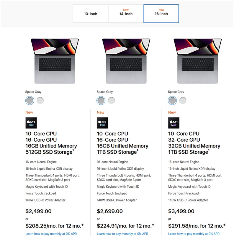 Giá MacBook Pro 2021 trên trang web của Apple. Nguồn: Apple.