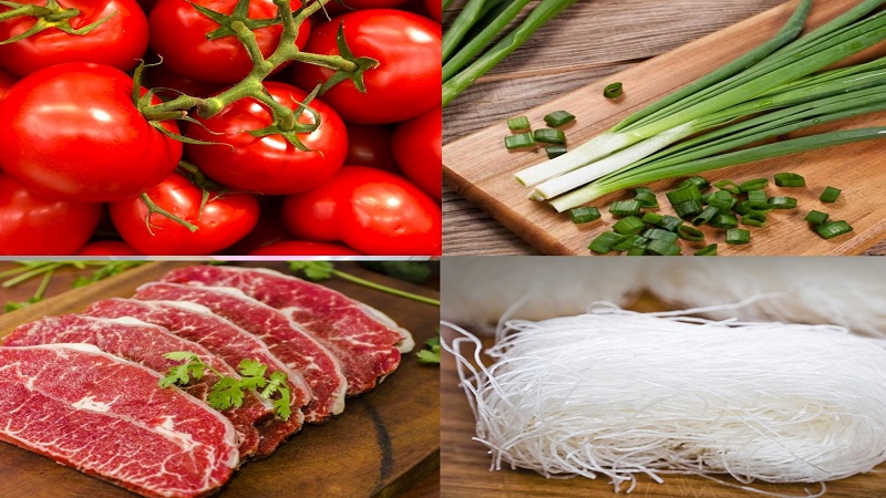 Một số nguyên liệu làm món miến thịt bò cà chua