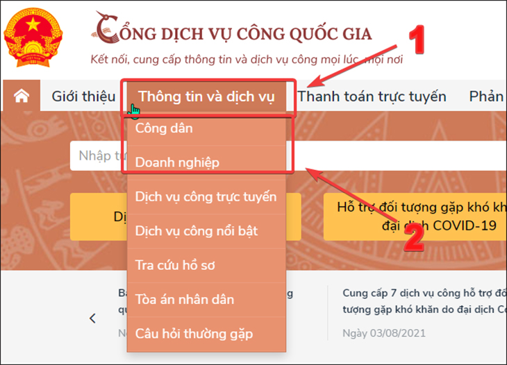 Bạn hãy chọn ô Thông tin và dịch vụ. Tiếp đó, bạn hãy chọn trang công dân hoặc doanh nghiệp tùy theo lựa chọn mà bạn đang cần.