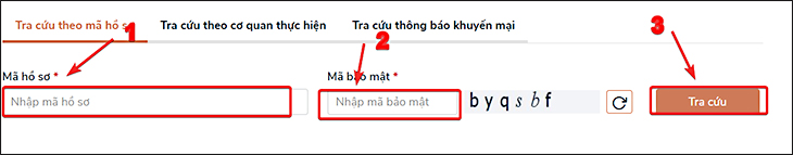 Đối với Tra cứu theo mã hồ sơ, bạn hãy nhập Mã hồ sơ, Mã bảo mật và chọn Tra cứu.