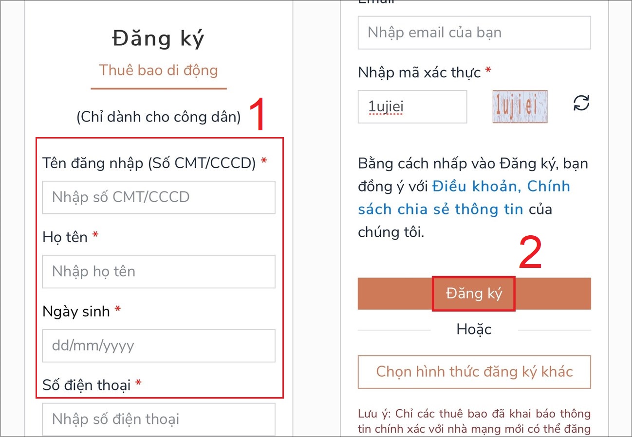 Nhập chính xác thông tin > Sau khi nhập đúng tất cả thông tin, bạn kiểm tra lại, tiến hành nhấn chọn Đăng ký.