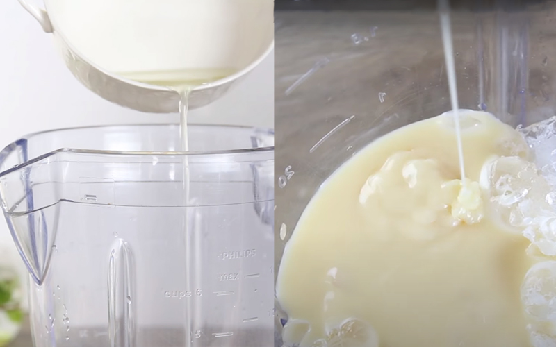 Cho nước cốt chanh và sữa đặc vào máy xay sinh tố