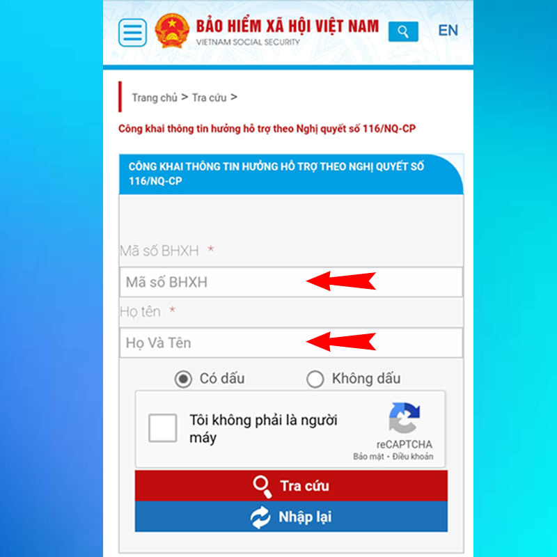 Nhập Mã số BHXH và Họ tên theo yêu cầu