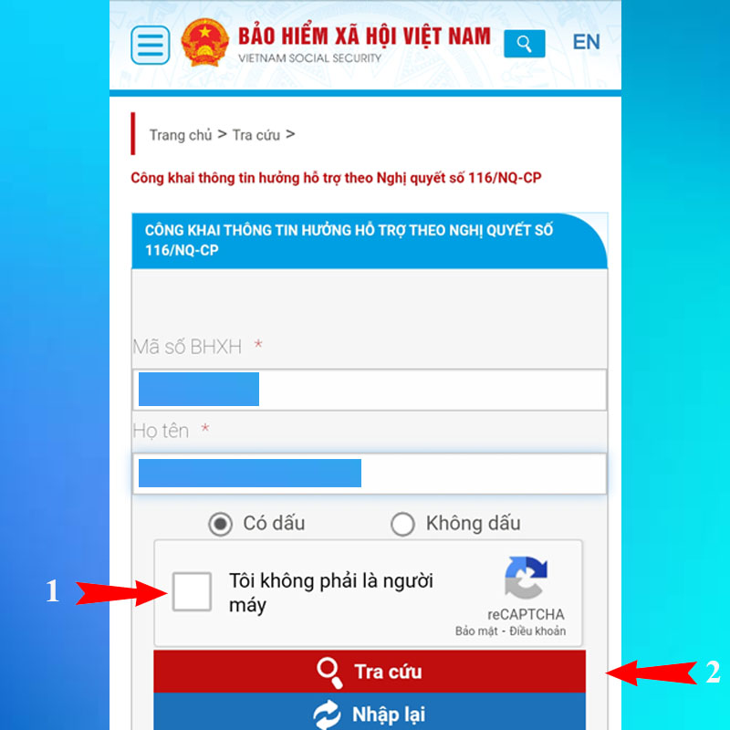 nhấn vào ô Tôi không phải là người máy và bấm tiếp Tra cứu