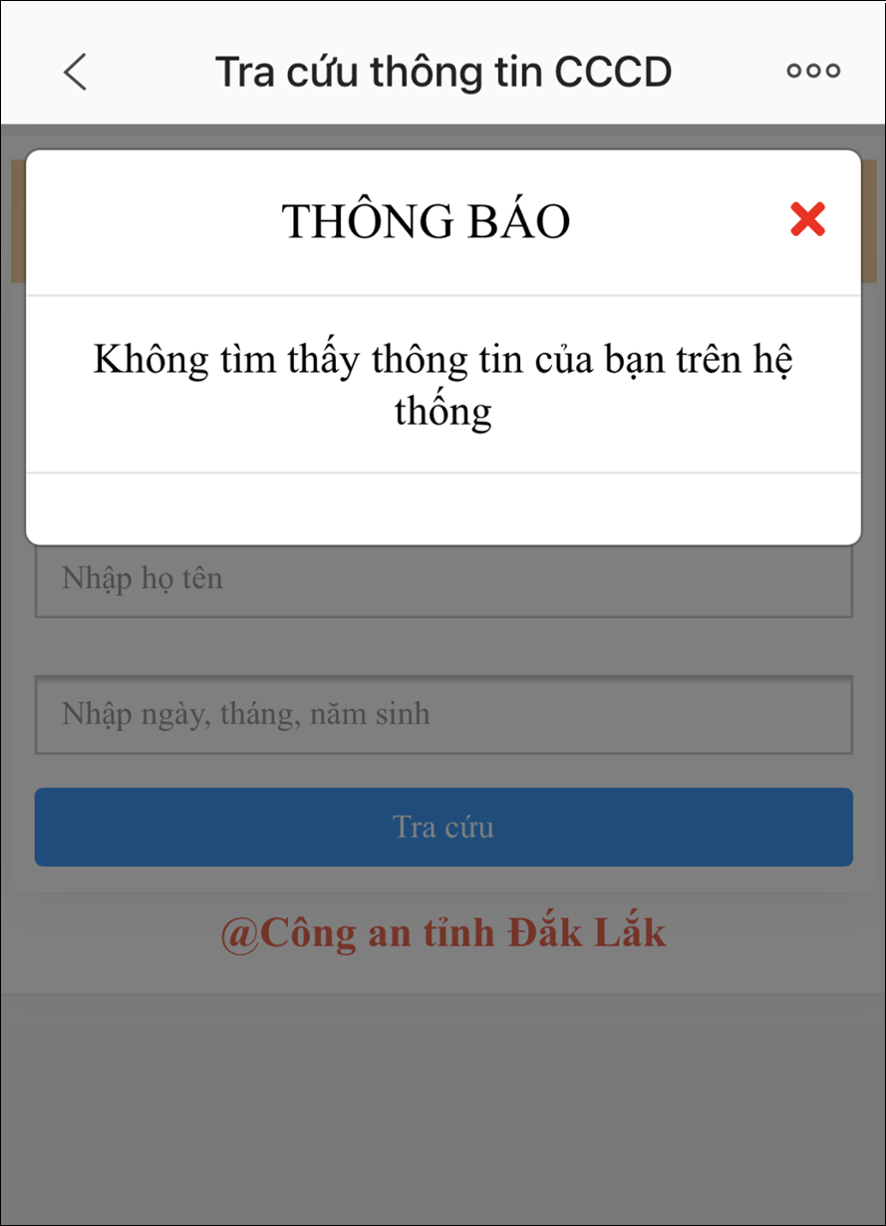 Thông báo đối với những trường hợp chưa có thẻ CCCD.