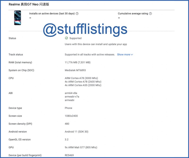 Realme GT Neo2T được liệt kê trên Google Play Console Realme GT Neo2T được liệt kê trên Google Play Console