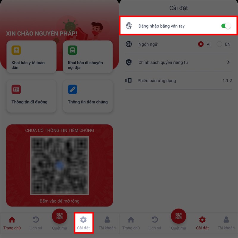 Đăng nhập VNEID bằng vân tay