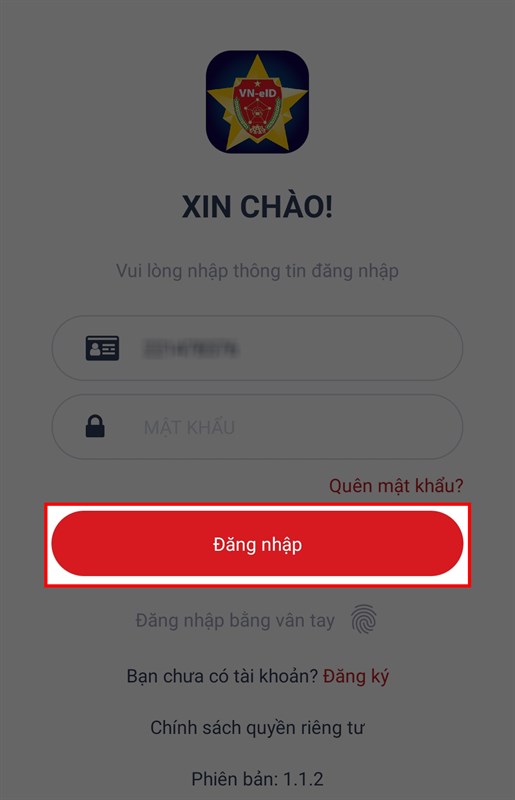 Đăng nhập VNEID bằng vân tay