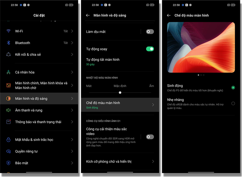 Tính năng điều chỉnh màu màn hình trên Reno6 Pro 5G.