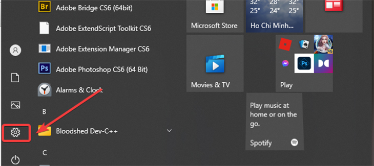 Bạn hãy chọn biểu tượng Windows dưới góc trái màn hình và chọn biểu tượng bánh răng (Cài đặt).