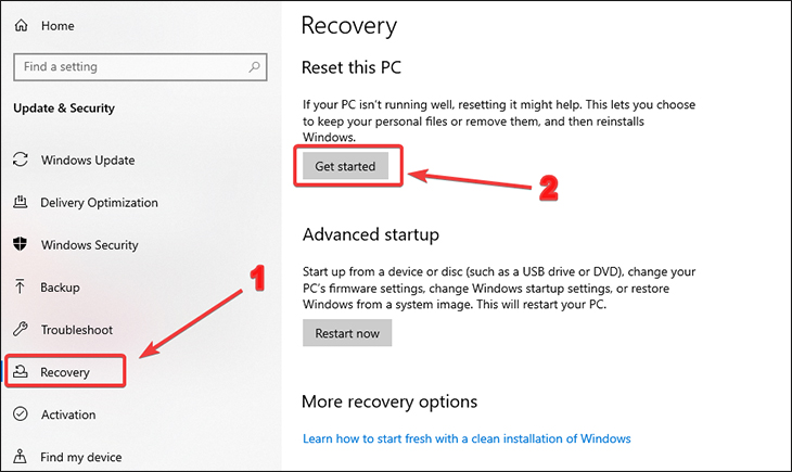 Bạn hãy chọn mục Recovery. Tại mục Reset this PC, bạn click chuột vào Get started.