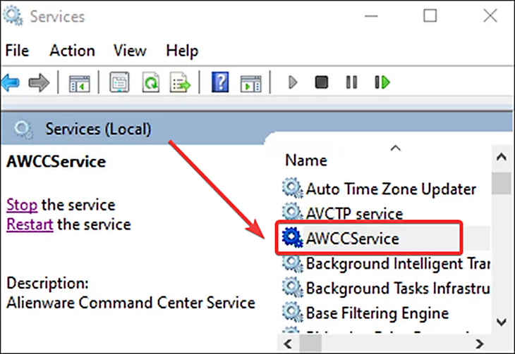 Cửa sổ Services hiện ra, bạn hãy tìm Alienware Command Center (AWCCService). 