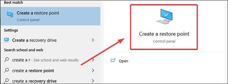 Đầu tiên, bạn hãy mở Menu và nhập vào Create a restore point rồi bấm Enter.