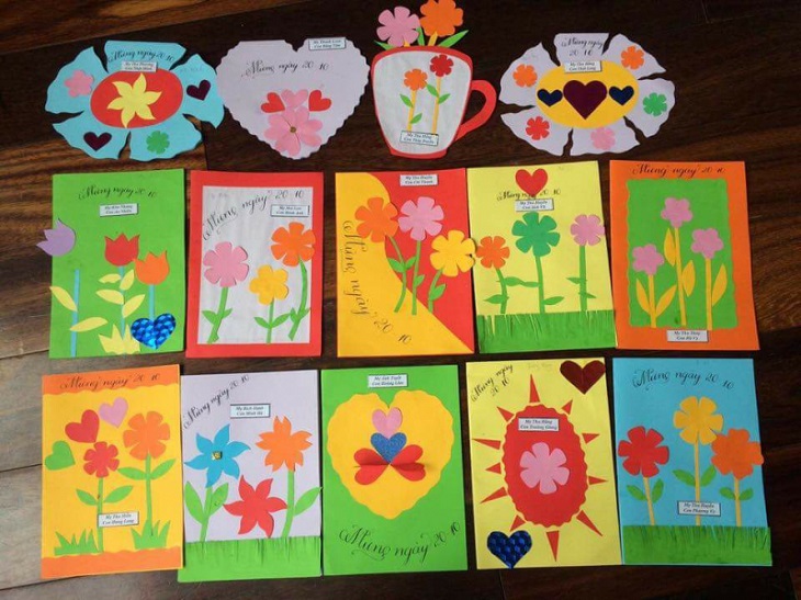 Handmade cards and paintings made by children to give to the teacher