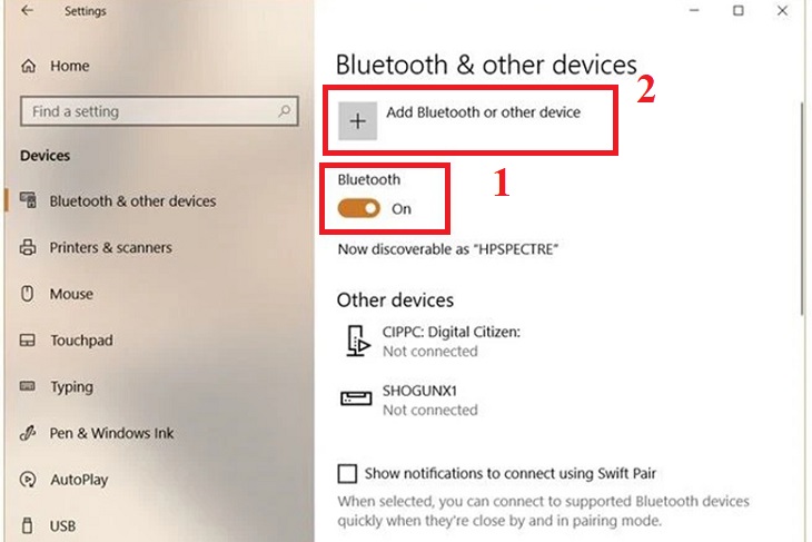 Bước 4: Chọn Bluetooth On > Chọn Add Bluetooth or other device.