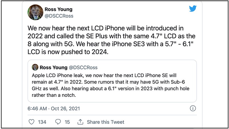 Thông tin rò rỉ liên quan tới iPhone SE 3 đăng tải Twitter
