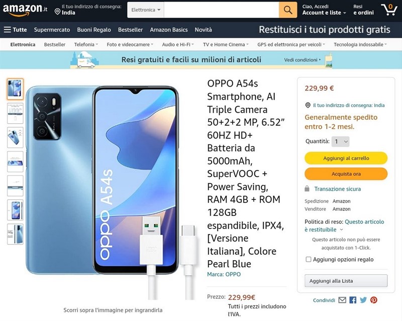 OPPO A54s được liệt kê trên trang bán lẻ tại Ý, hé lộ cả về giá bán, hình ảnh và thông số kỹ thuật