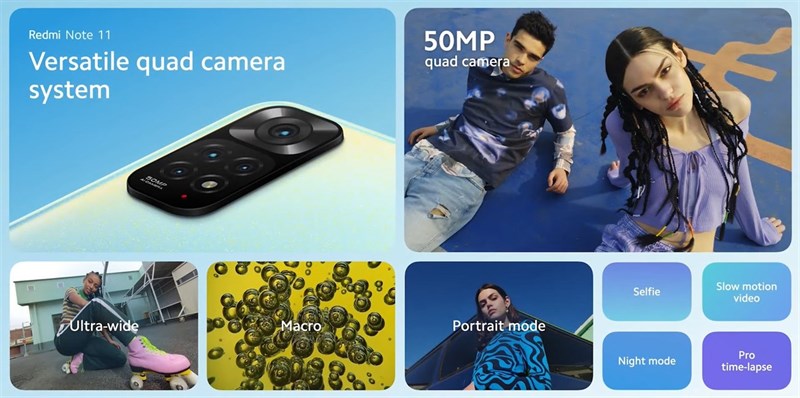 Xiaomi Redmi Note 11 được trang bị 4 camera với cảm biến chính có độ phân giải 50 MP. Nguồn: Xiaomi. Xiaomi Redmi Note 11 được trang bị 4 camera với cảm biến chính có độ phân giải 50 MP. Nguồn: Xiaomi.