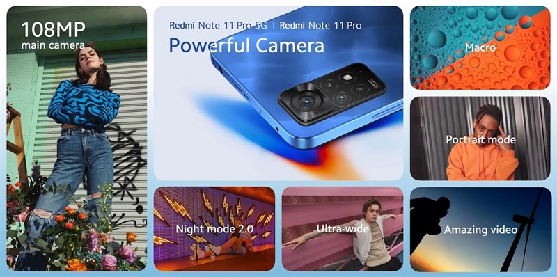Xiaomi Redmi Note 11 Pro 5G có cụm camera chất lượng với cảm biến chính 108 MP. Nguồn: Xiaomi.
