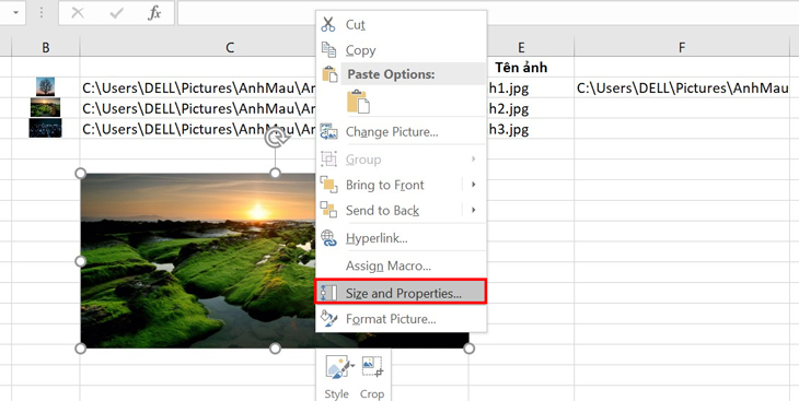 Những cách chèn ảnh vào Excel dễ dàng, nhanh chóng > Kích chuột phải vào ảnh cần cố định > Vào mục Size and Properties